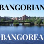 Graphic showing the city along the Penobscot River with the phrase "Bangorian or Bangorean?"