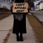 Unhoused woman holding a sign that says "can't afford rent" on the sidewalk in Bangor, Maine