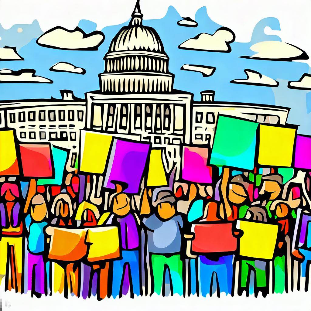Colorful image in front of the U.S. Capitol with many people holding different colored signs. There are no words on the signs, it is for illustration only.