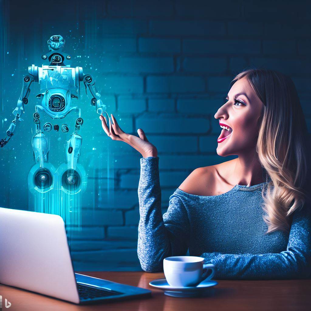 Woman shocked to see a glowing blue robot fly out of her computer