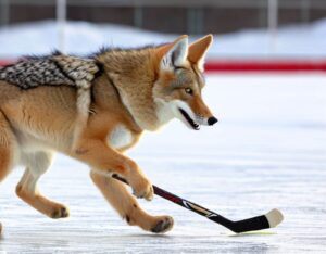 Picture of a coyote with a hockey stick on the ice