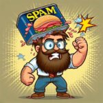 Man with a can of Spam crashed on his head, shaking his fist.