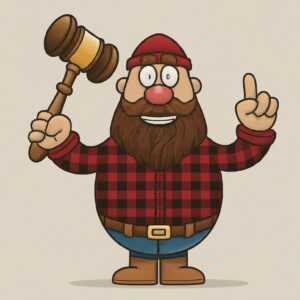 Lumberjack holding a gavel up, while also holding up his pointer finger on the other hand