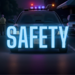 Cartoon of a police car in the middle of a downtown with the word SAFETY in glowing light blue neon