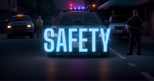 Cartoon of a police car in the middle of a downtown with the word SAFETY in glowing light blue neon
