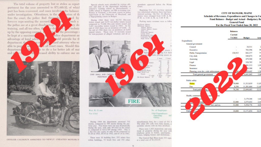 Visual examples of the differences between the 1944, 1954, and 2022 Bangor Annual Reports.
