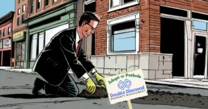 Cartoon of a man in a business suit filling in a pothole in the road.
