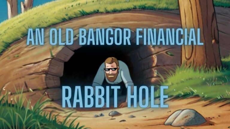 A man crawling out of of a rabbit hole wearing sunglasses and the phrase "An old Bangor financial rabbit hole" written on it